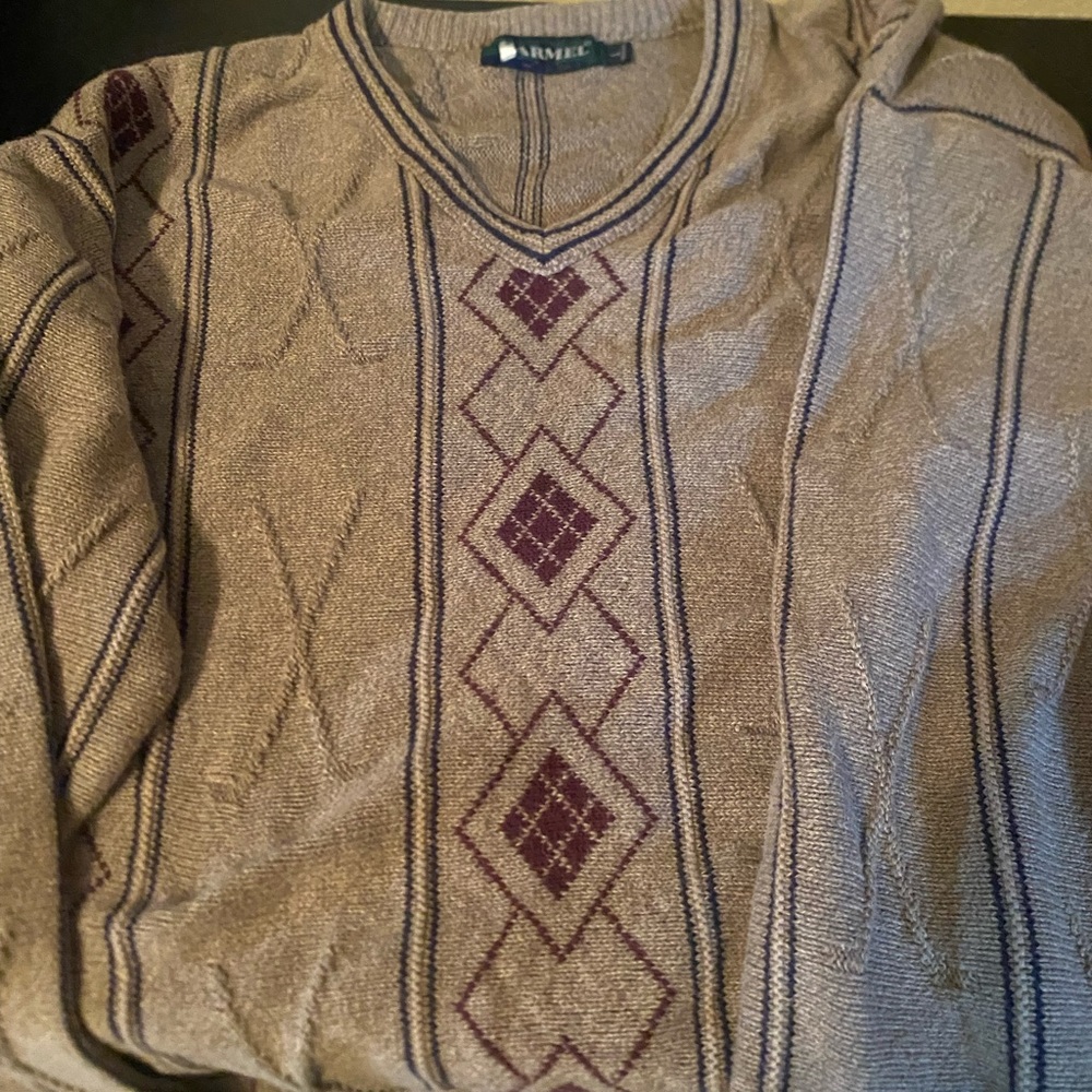 Caramel Men's Tan V-Neck Sweater with Purple Argyle Detail